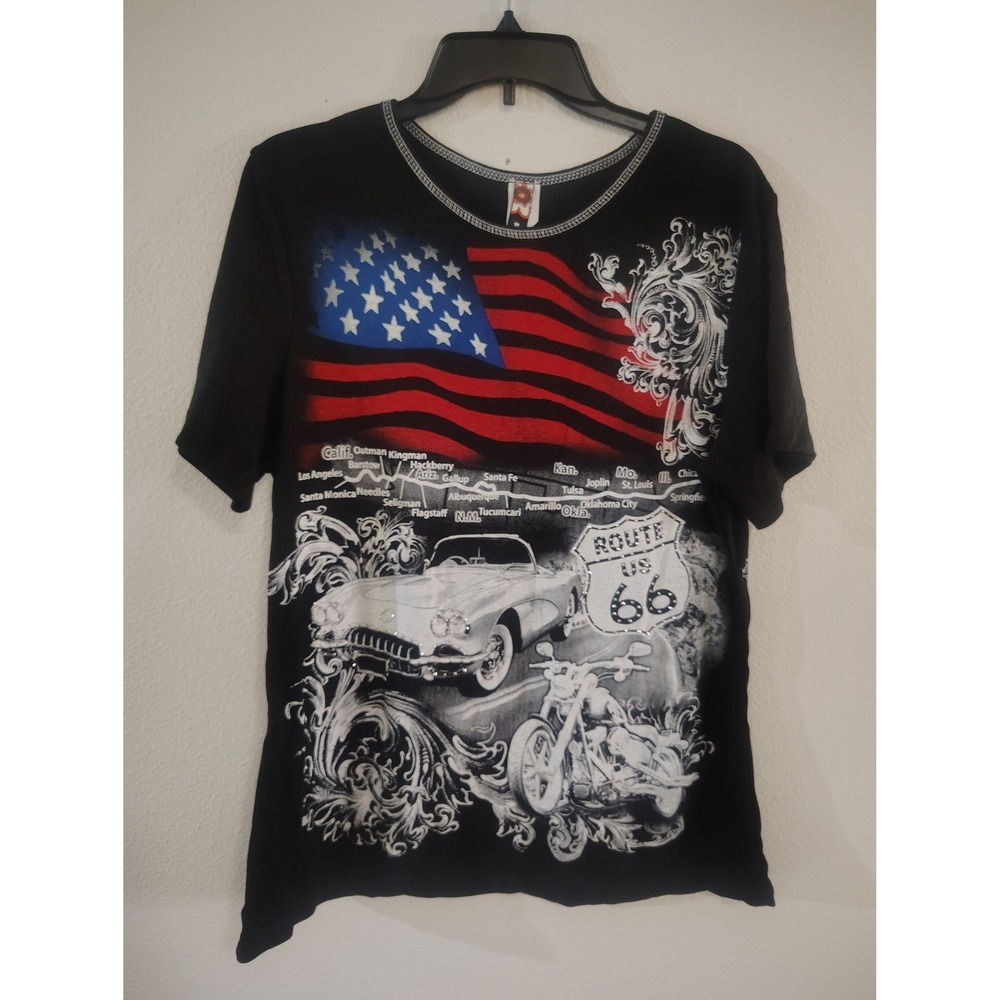 Big Bang USA Route 66 Graphic T-Shirt Womens 2XL American Flag Corvette Biker‎